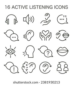 Juego de iconos de habilidades de escucha activa. Símbolo de la habilidad suave de la atención. Conversación, negociación, inteligencia emocional y trabajo en equipo. Ilustración vectorial plana