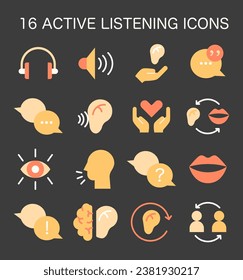 Active listening skill icons set. Symbol of attentiveness soft skill. Conversation, negotiation, emotional intelligence and team work. Flat vector illustration