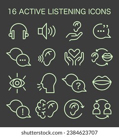 Active listening skill icons set. Symbol of attentiveness soft skill. Conversation, negotiation, emotional intelligence and team work. Flat vector illustration
