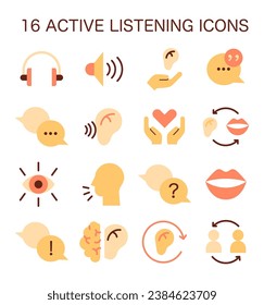 Active listening skill icons set. Symbol of attentiveness soft skill. Conversation, negotiation, emotional intelligence and team work. Flat vector illustration