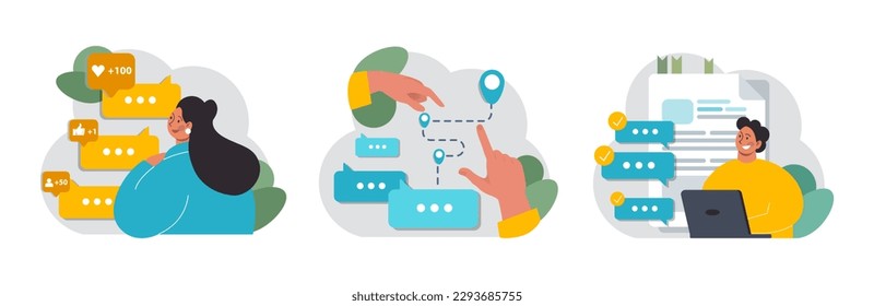 Active listening skill set. Attentive business charcter or employee soft skills development. Conversation, negotiation, emotional intellegence and team work. Flat vector illustration