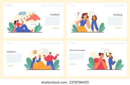 Active listening skill web banner or landing page set. Attentive business character or employee soft skills development. Conversation, negotiation, emotional intelligence and team work.