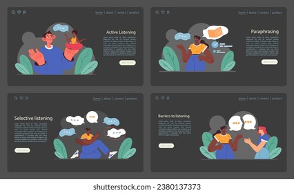 Banner web de habilidades de escucha activa o página de inicio oscuro o juego de modos nocturnos. Desarrollo atento de carácter de habilidades blandas. Conversación, negociación, inteligencia emocional. Ilustración vectorial plana