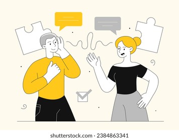 Línea de habilidades de escucha activa. Hombre y mujer con rompecabezas. Comunicación entre amigos. Diálogo o discusión entre caracteres. Ilustración lineal vectorial aislada en fondo blanco