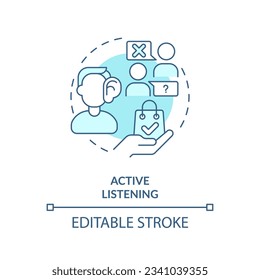 Active listening soft blue concept icon. Good listener. Pay attention. Selling skill. Sales professional. Deal closing. Round shape line illustration. Abstract idea. Graphic design. Easy to use
