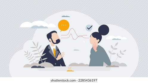 Active listening and speech hearing communication skills tiny person concept. Couple conversation with soft skills and ability to understand info vector illustration. Reflection and concentration.