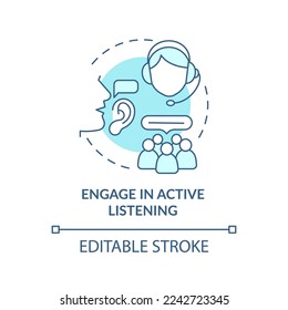 Active listening turquoise concept icon. Call center customer service agent skill abstract idea thin line illustration. Isolated outline drawing. Editable stroke. Arial, Myriad Pro-Bold fonts used