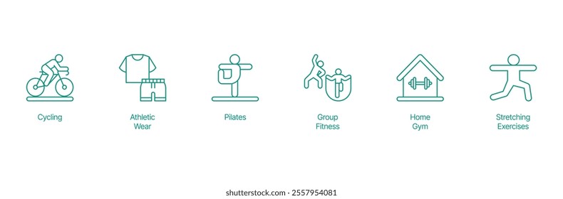 Active Living Icon Set - Vector Illustrations for Cycling, Athletic Wear, Pilates, Group Fitness, Home Gym, and Stretching Exercises