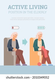 Active living in retirement elderly age banner template with old lady feeling active and tired, flat vector illustration. Lack of energy and fatigue of old people.