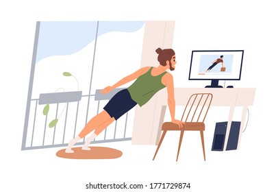 Hombre activo haciendo ejercicio deportivo observa clases en línea en la ilustración plana vectorial por computadora. Hombre practicando ejercicio en casa aislado en blanco. Entrenamiento de expertos en gimnasia en internet ver la pantalla