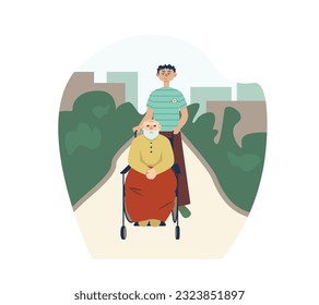 Active male helping old man on wheelchair, walking outside. Help and care for elderly. Humanitarian assistance for aged person. Social voluntary. Flat vector illustration in warm colors