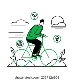 Active male riding bicycle, going to work, using eco-transport. Cartoon characters ride bike. Ecology and planet friendly concept on white background. Flat vector illustration in green colors