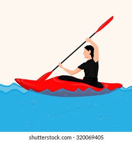 An active male rowing in red kayak