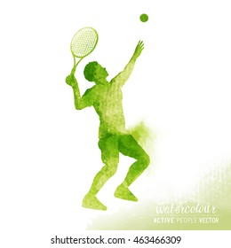 Active male Tennis player about to hit a tennis ball for serve - Watercolour vector illustration.