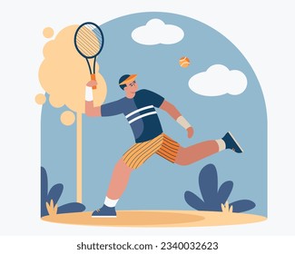 Active male in uniform holding tennis racket and runs to hit ball, playing outside. Professional tennis game concept. Flat vector illustration in cartoon style in blue and orange colors
