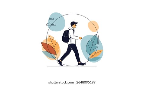 Active Man With Backpack Walking Outdoors Surrounded By Nature Elements Abstract Design