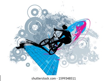 Active man. BMX rider in abstract sport landscape background, vector.