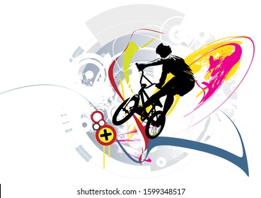 Active man. BMX rider in abstract sport landscape background, vector.