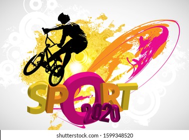 Active man. BMX rider in abstract sport landscape background, vector.