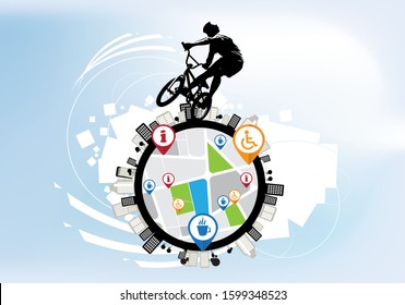 Active man. BMX rider in abstract sport landscape background, vector.