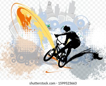 Active man. BMX rider in abstract sport landscape background, vector.
