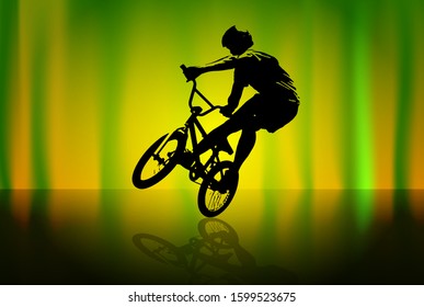 Active man. BMX rider in abstract sport landscape background, vector.