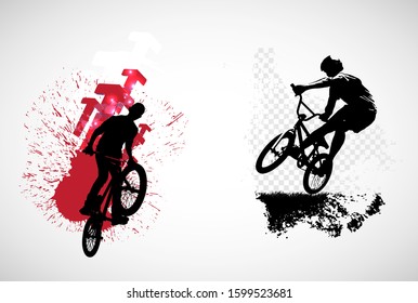 Active man. BMX rider in abstract sport landscape background, vector.