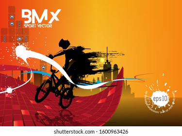 Active man. BMX rider in abstract sport landscape background, vector.