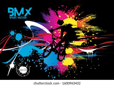 Active man. BMX rider in abstract sport landscape background, vector.