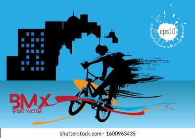 Active man. BMX rider in abstract sport landscape background, vector.
