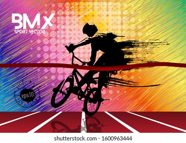 Active man. BMX rider in abstract sport landscape background, vector.