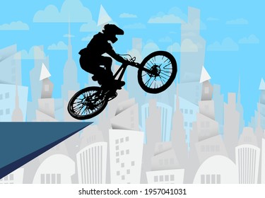 Active man. BMX rider in abstract sport landscape background, vector.