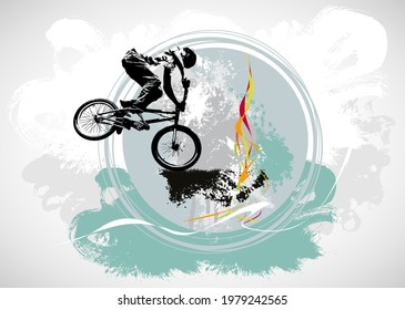 Active man. BMX rider in abstract sport background, vector.