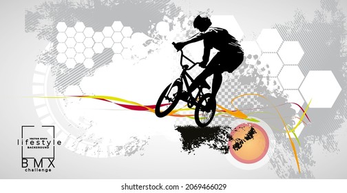 Active man. BMX rider in abstract sport background, vector