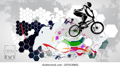 Active man. BMX rider in abstract sport background, vector