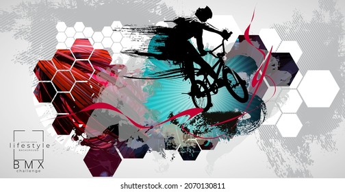 Active man. BMX rider in abstract sport background, vector