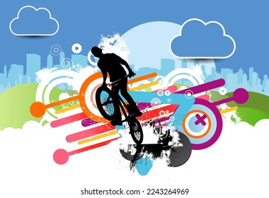 Active man. BMX rider in abstract sport background, vector.