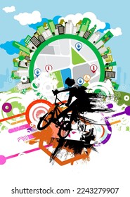 Hombre activo. El piloto BMX en el fondo del paisaje deportivo abstracto, vector.