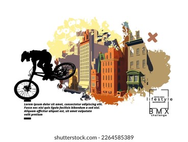 Hombre activo. El piloto BMX en el fondo del paisaje deportivo abstracto, vector.