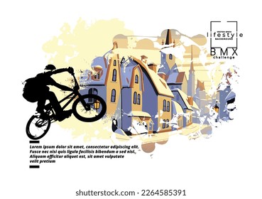 Hombre activo. El piloto BMX en el fondo del paisaje deportivo abstracto, vector.