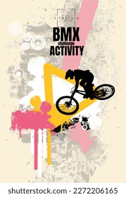 Hombre activo. El piloto BMX en fondo deportivo abstracto, vector.