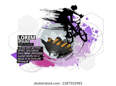 Hombre activo. El piloto BMX en fondo deportivo abstracto, vector.