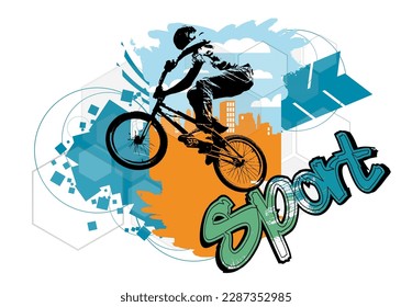Active man. BMX rider in abstract sport background, vector.