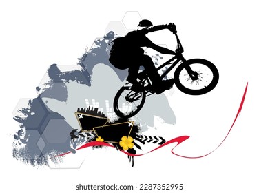 Active man. BMX rider in abstract sport background, vector.