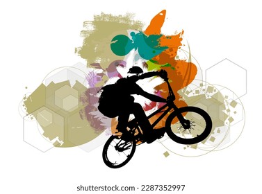 Active man. BMX rider in abstract sport background, vector.