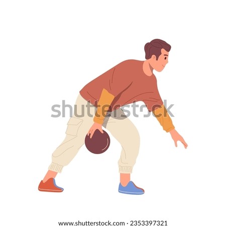 Active man cartoon character playing bowling enjoying indoor activity at game club isolated on white