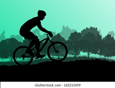 Active man cyclist bicycle rider in wild forest nature landscape background illustration vector