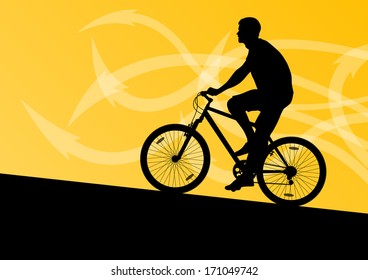 Active man cyclist bicycle rider in abstract arrow line landscape background illustration vector