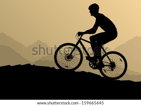 Active man cyclist bicycle rider in wild mountain nature landscape background illustration vector