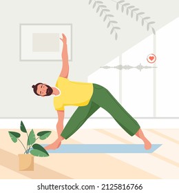 Active man doing yoga exercise at home or gym vector flat illustration. Flexible male practicing stretching or aerobics on mat. Guy in sportswear enjoying sports training or workout. Sports training